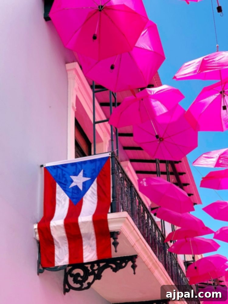 A beautiful street in Puerto Rico, adorned with an artistic canopy of pink umbrellas, adding vibrant color and charm to the historic architecture.