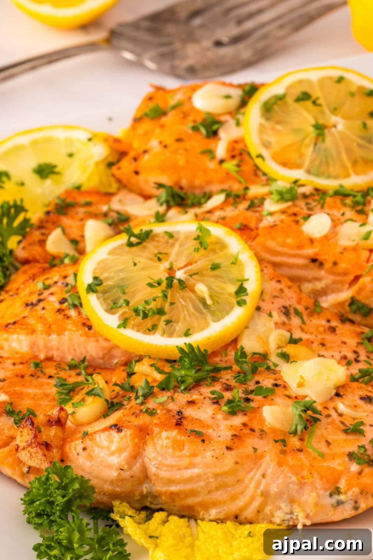 Effortless Oven-Baked Salmon 10 Close-up of cooked salmon fillets topped with lemon slices, parsley, and garlic, served on a white plate—perfect for trying the best baked salmon recipe with fresh flavors and simple ingredients.