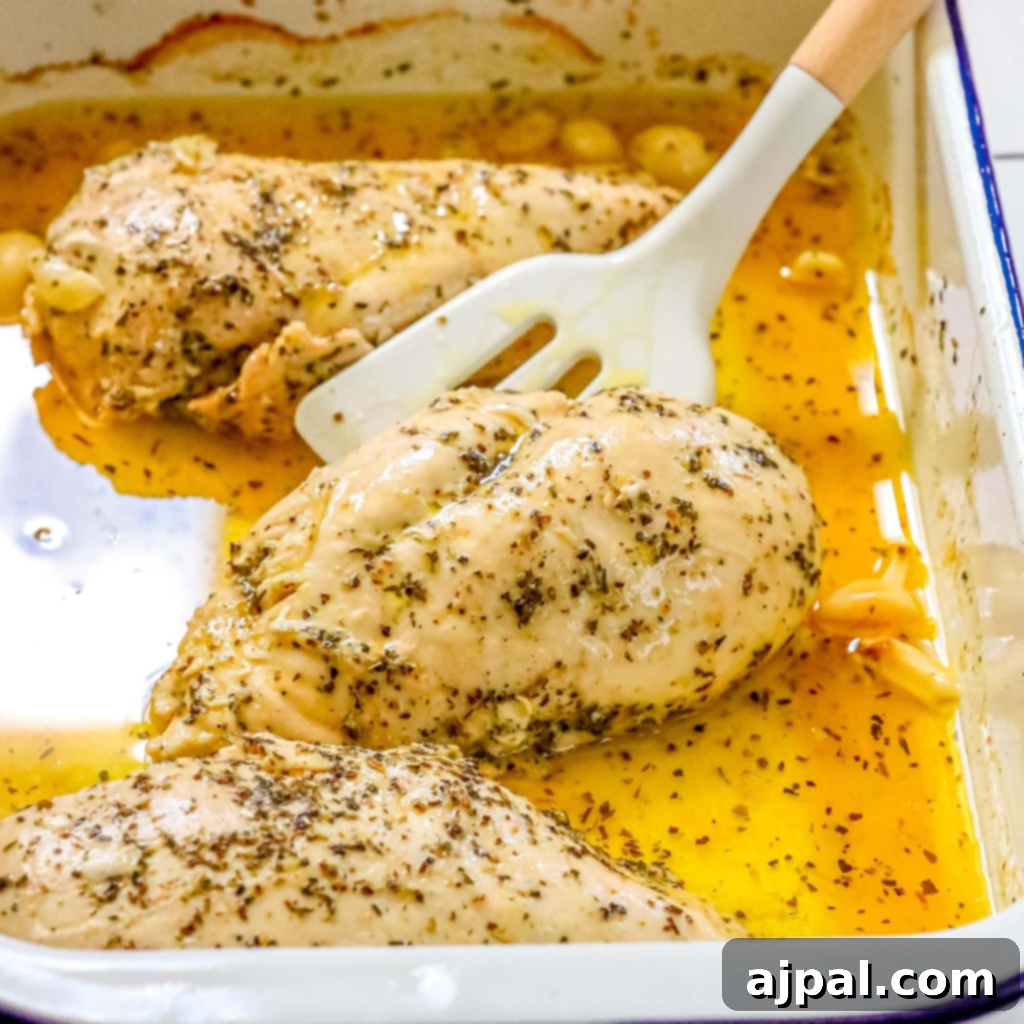 The Best Easy Baked Chicken Breasts Recipe with a spoon.