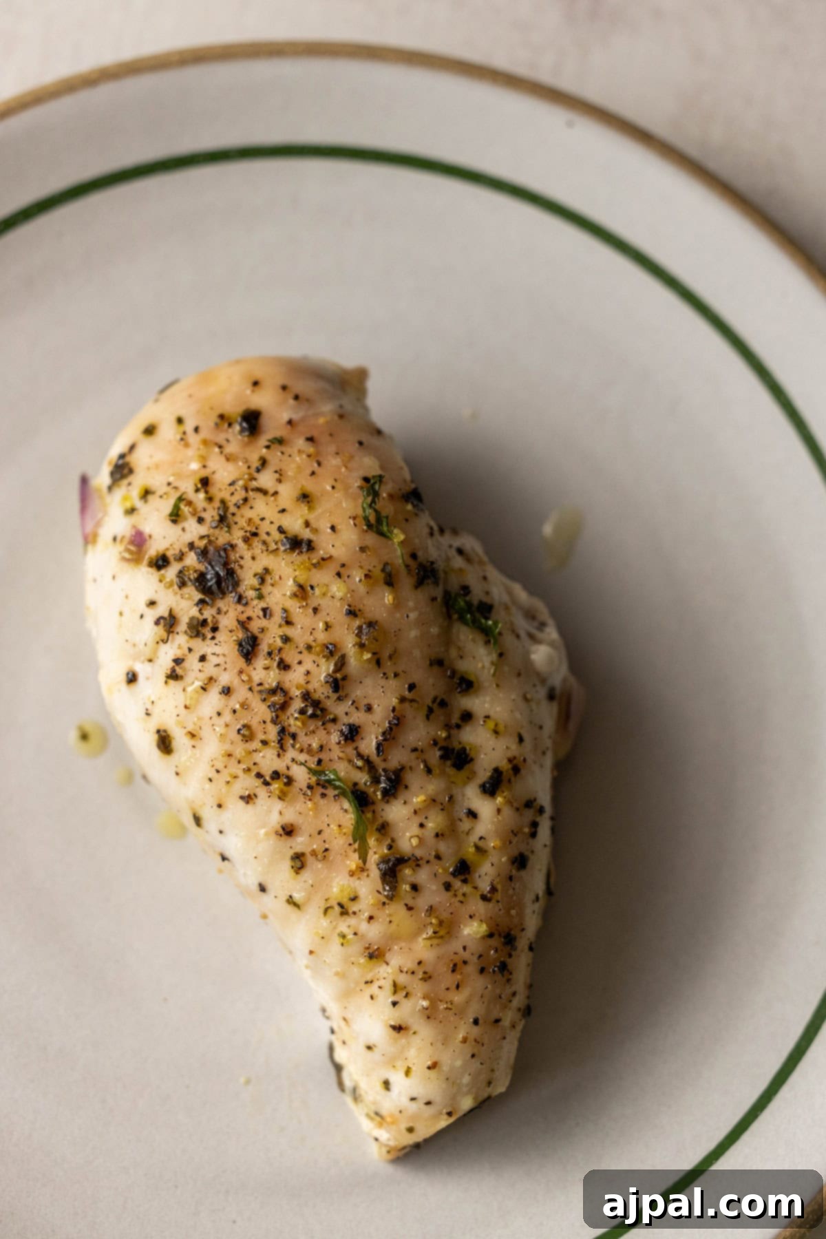A single piece of seasoned and cooked chicken breast on a white plate with a green rim, showcasing The Best Easy Baked Chicken Breasts Recipe.