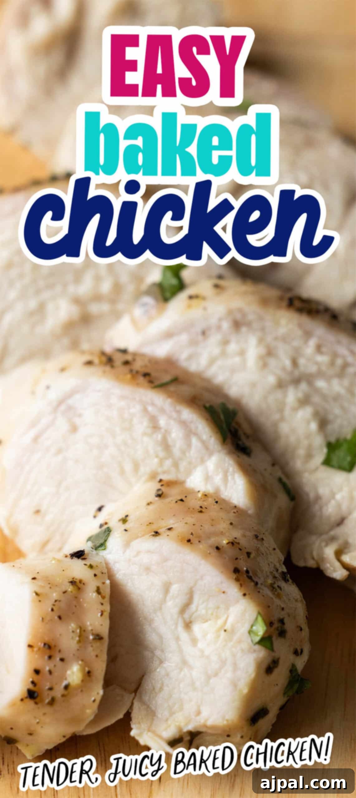 Close-up of sliced baked chicken with the text "Easy Baked Chicken Breast" in colorful letters above and "Tender, Juicy Keto Baked Chicken!" below.