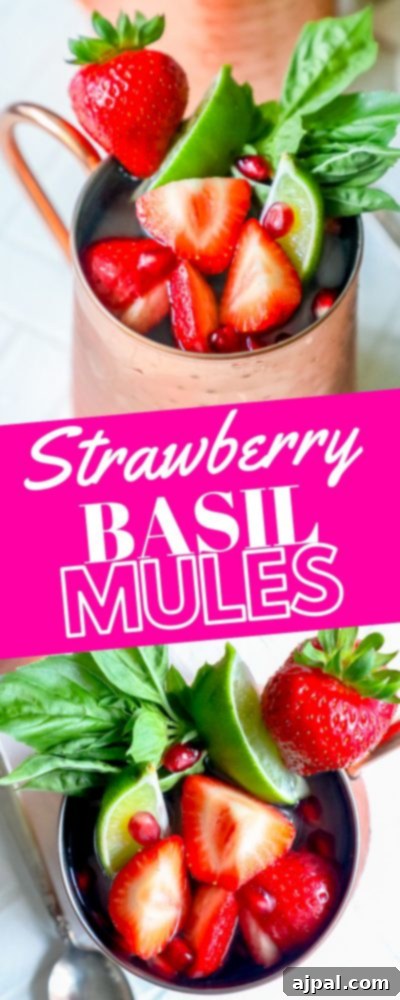 Fresh Strawberry Basil Moscow Mule 8 Picture of a Strawberry Basil Moscow Mule in a copper cup, highlighting the refreshing blend of ingredients.