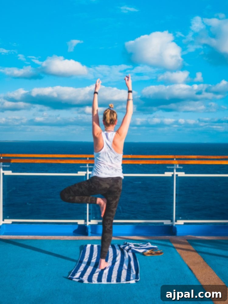 A woman gracefully practicing yoga on the spacious deck of a Princess Cruises ship, embodying tranquility facilitated by Ocean Medallion.