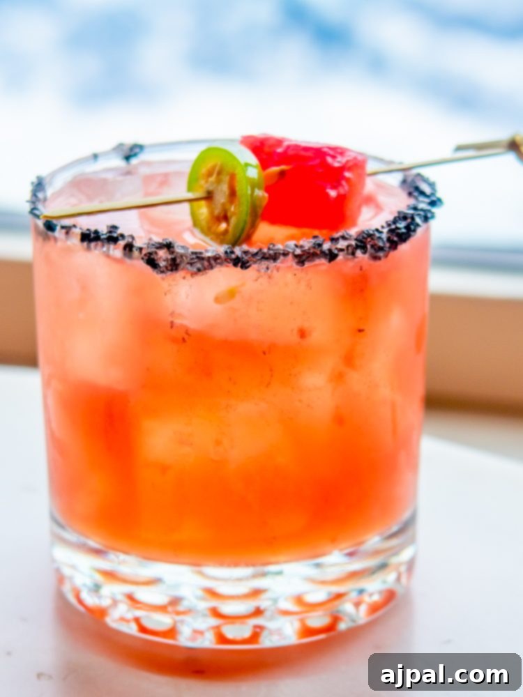 A vibrant watermelon margarita on a table with a stunning ocean view aboard the Caribbean Princess, showcasing a perfect cruise moment facilitated by Ocean Medallion.