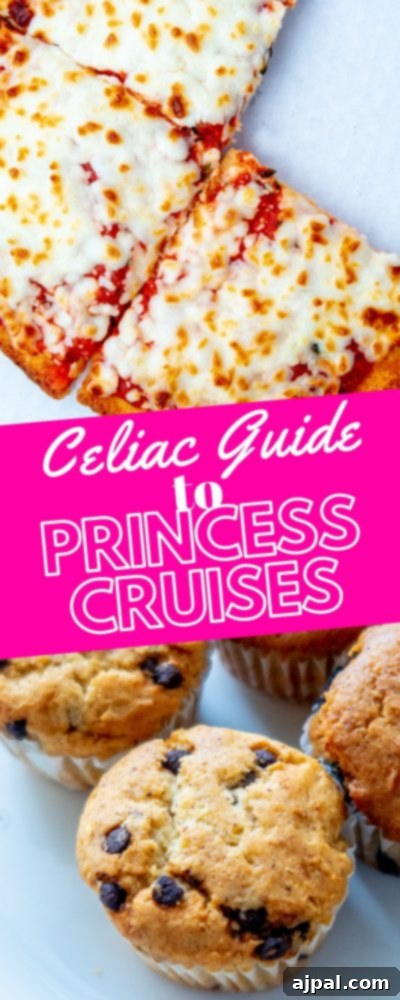 Gluten-Free Cruising on the Caribbean Princess 6 A plate of gluten-free pizza and muffins with text that reads celiac guide to Princess Cruises’ gluten-free dining options.