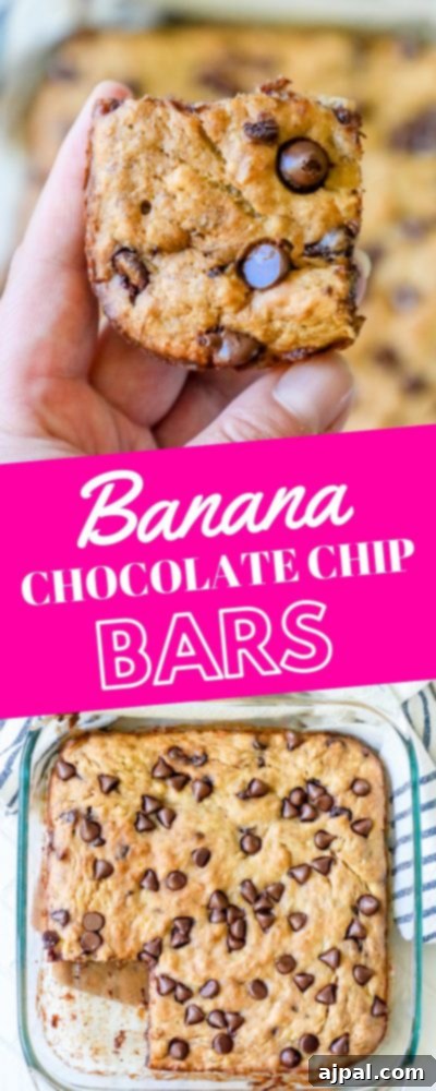 A collage of banana chocolate chip bars, one showing a full pan and another a close-up of a single bar, with the text 'The Best Banana Chocolate Chip Bars Recipe' overlaid.