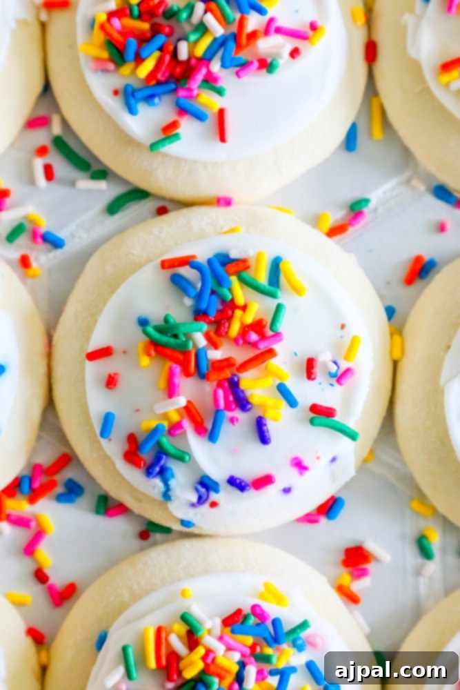 Simple Lofthouse Style Frosted Sugar Cookies 2 Closeup picture of sugar cookie with bright sprinkles on a table