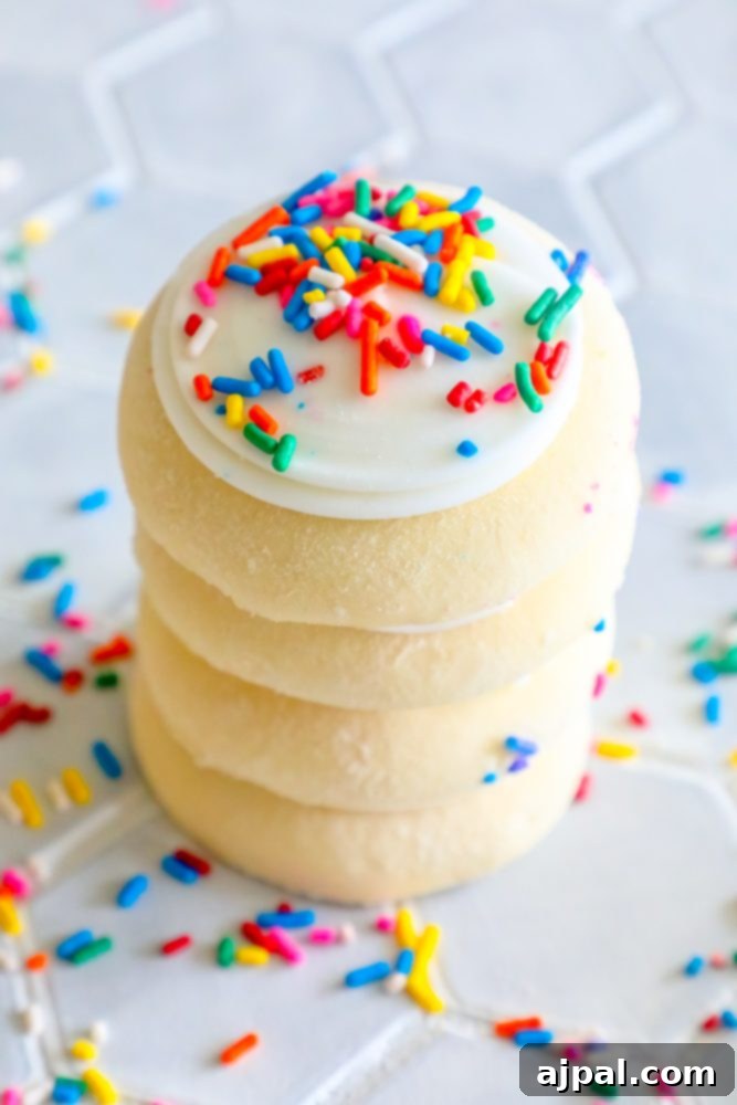 Simple Lofthouse Style Frosted Sugar Cookies 4 picture of four frosted sugar cookies stacked on top of each other