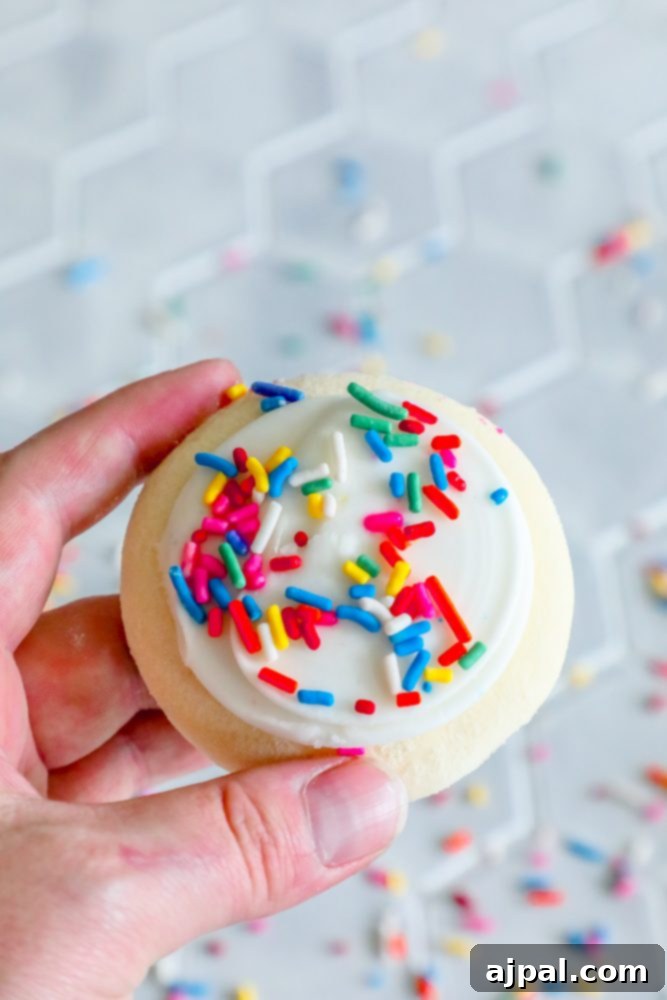 Simple Lofthouse Style Frosted Sugar Cookies 10 picture of hand holding iced sugar cookie with sprinkles