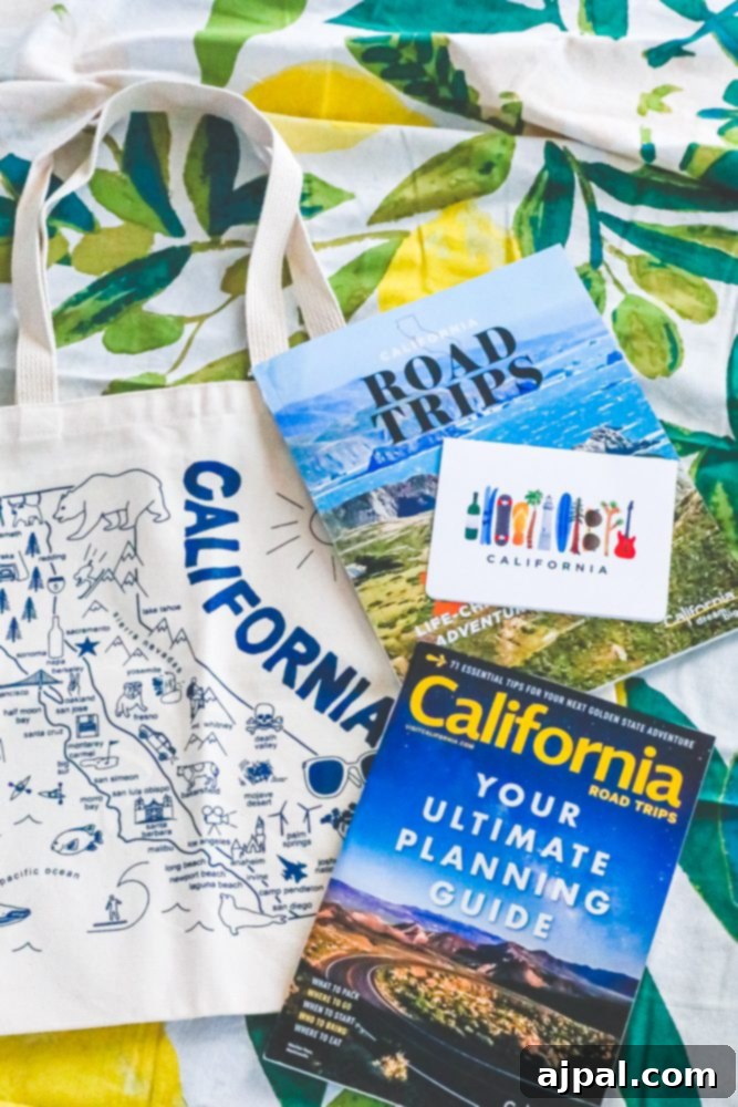 Golden State Wanderlust 3 California Road Trip Guide and Tote Bag with travel essentials