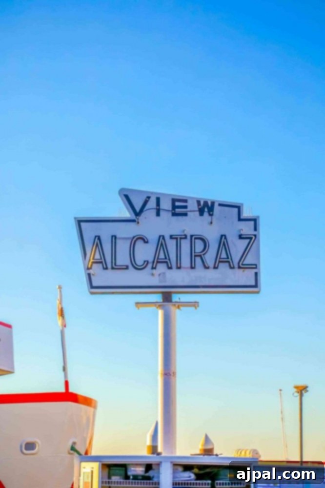 Golden State Wanderlust 7 A view of the iconic Alcatraz Island sign in San Francisco, California, near Fisherman's Wharf, a popular road trip stop.