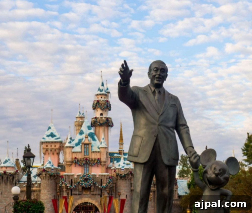 Golden State Wanderlust 9 A magical Christmas scene at Disneyland, featuring a statue of Walt Disney and Sleeping Beauty Castle adorned with festive decorations.
