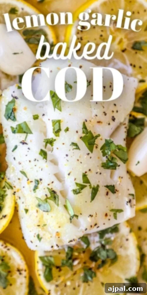 Lemony Garlic Baked Cod 10 picture of baked cod in a ceramic dish with lemon slices and garlic cloves in the dish