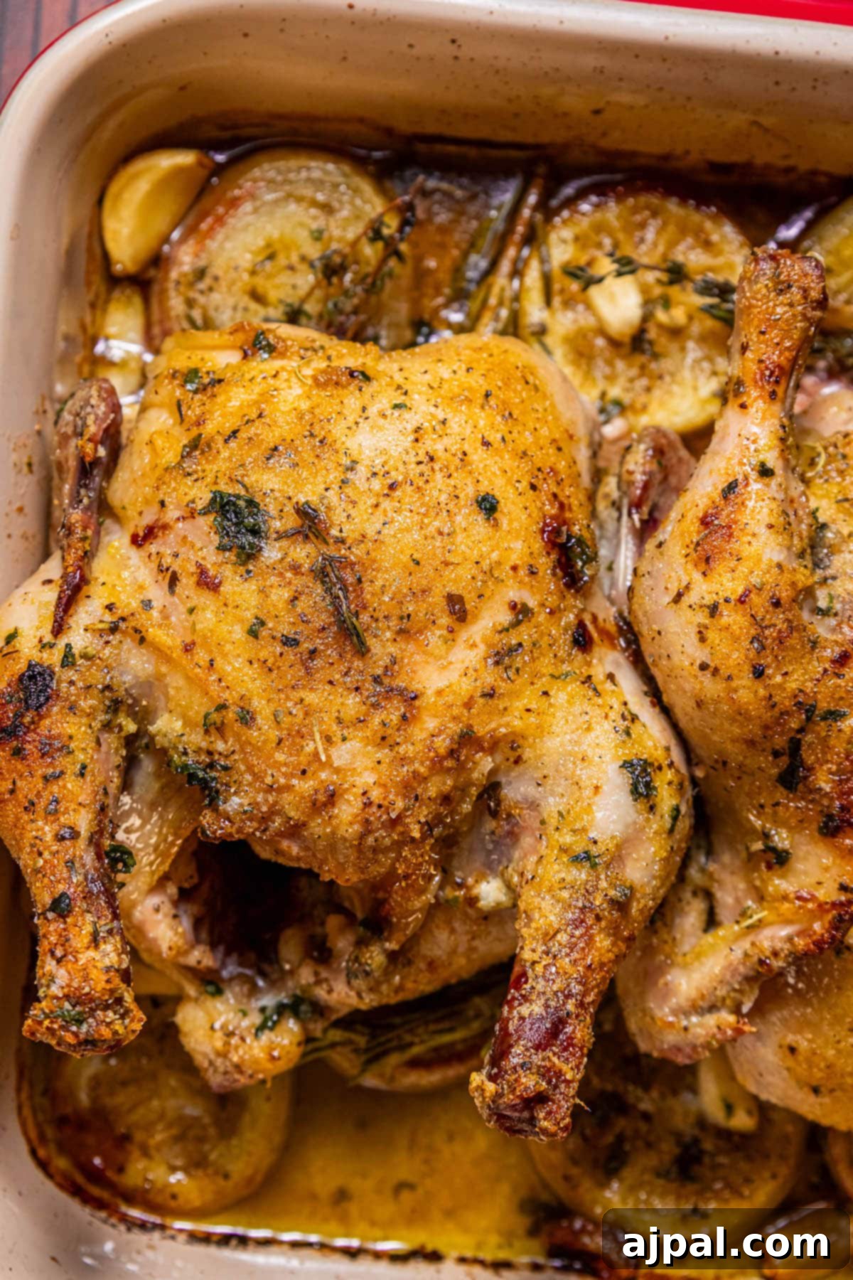 The Ultimate Cornish Game Hen Recipe 2 Crispy roasted Cornish game hen in a square baking dish with lemons, shallots, and garlic