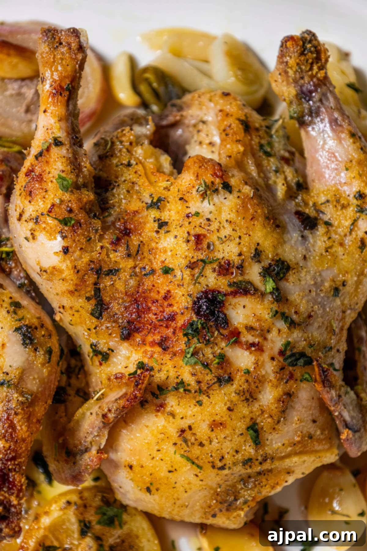Two Cornish game hens, expertly roasted with garlic and onions, presented on a pristine white plate, showcasing their inviting golden hue.