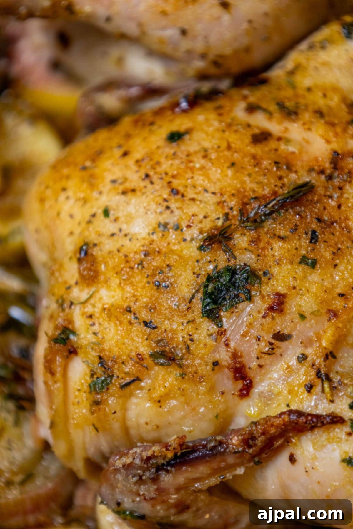 A close up of a baked Cornish game hen with vibrant vegetables and herbs.