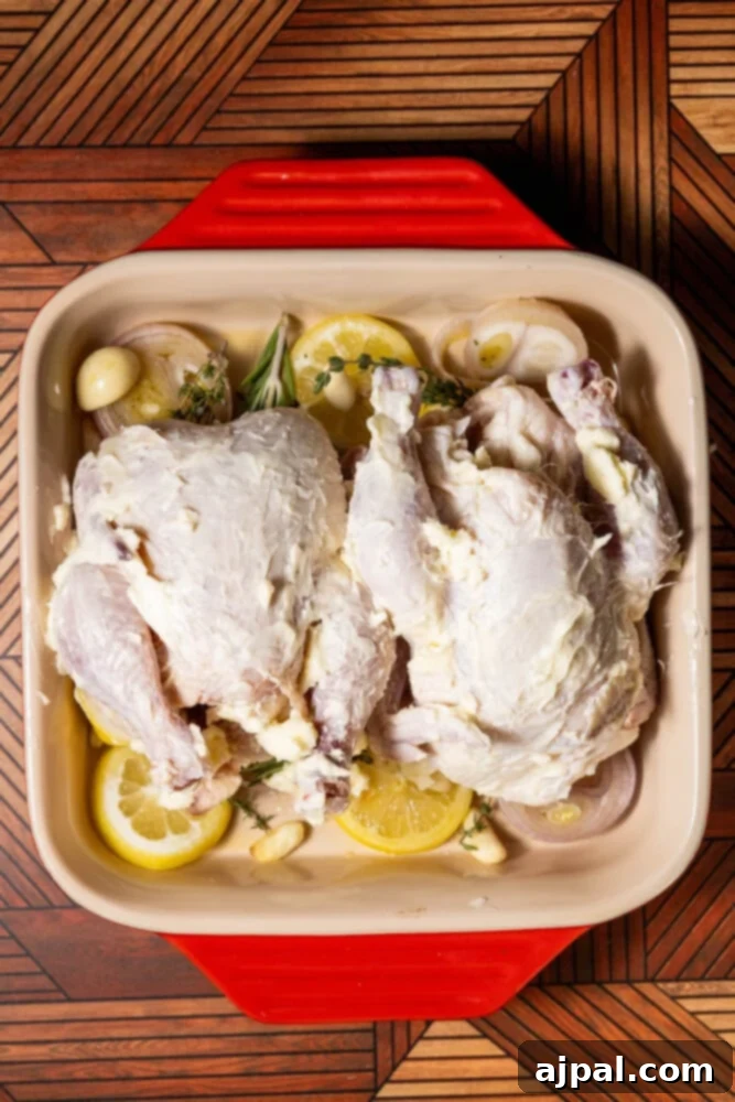 Butter-slathered Cornish game hens resting on lemon, shallot, and herbs in a baking dish, ready for the oven.