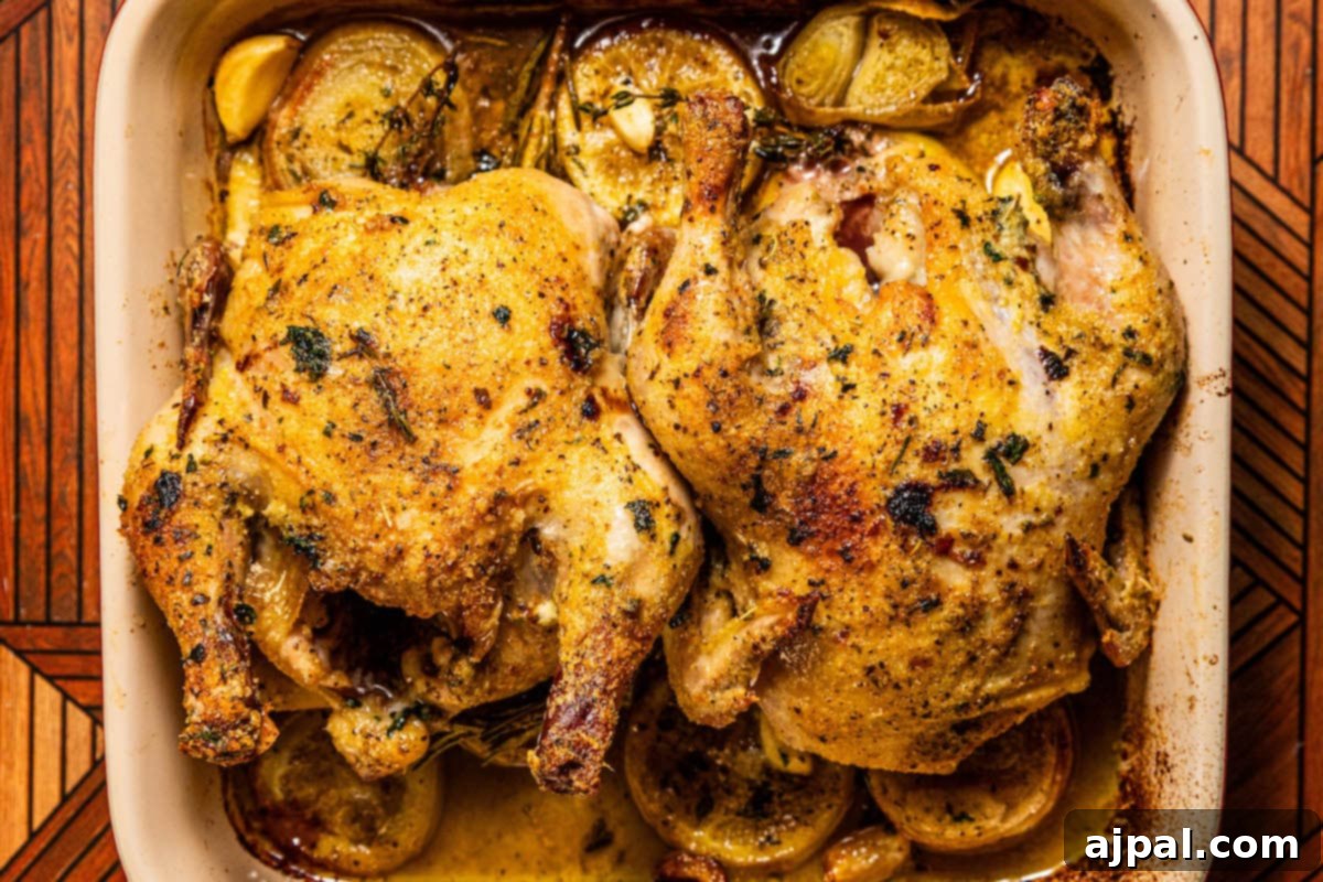 The Ultimate Cornish Game Hen Recipe 10 Crispy roasted Cornish game hen in a square baking dish with lemons, shallots, and garlic