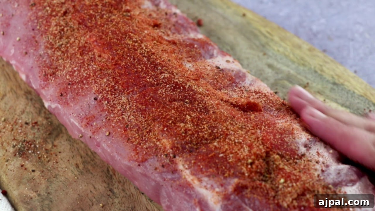A person is seasoning meat for their Easy Slow Cooker Ribs, ensuring a generous coating of the dry rub.