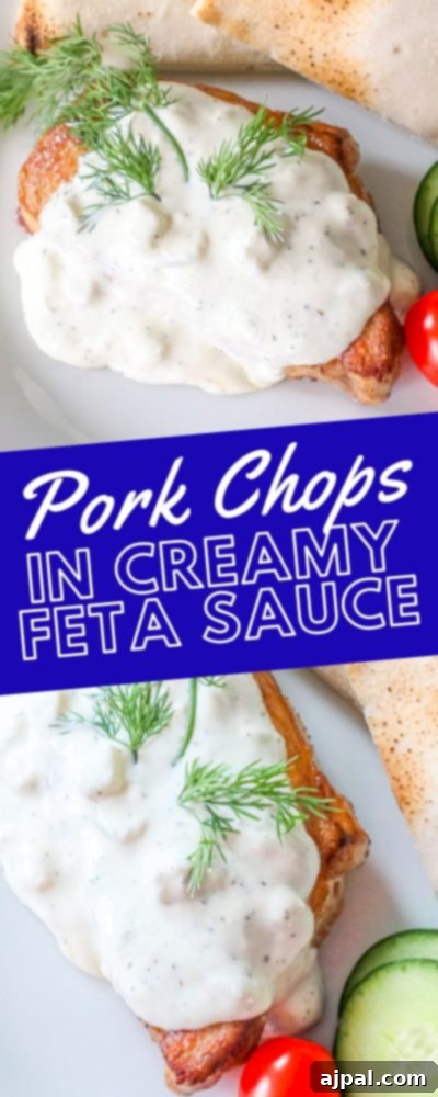 A tender pork chop generously covered in creamy feta sauce, promising a delightful culinary experience.