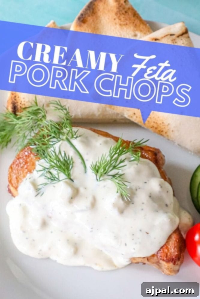 Creamy feta pork chops served elegantly on a white plate, ready to be enjoyed.