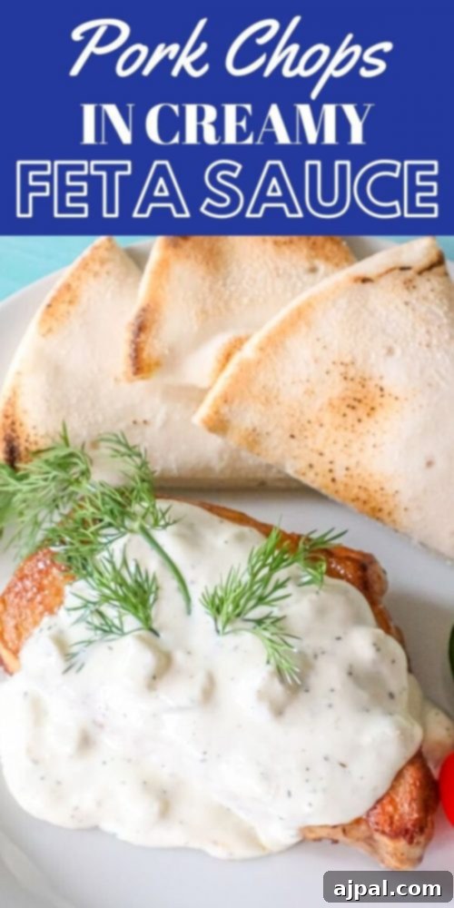 Succulent pork chops elevated by a generous topping of creamy feta sauce, embodying an easy and delicious Greek dish.