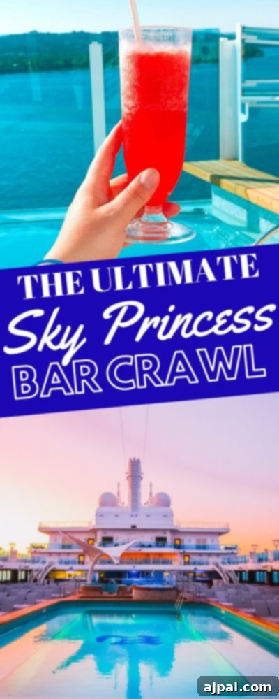Sky Princess's Stellar Bar Hop 14 The ultimate Sky Princess bar crawl aboard the Sky Princess Cruise Ship, serving tantalizing cocktails, awaits adventurous cruisers.