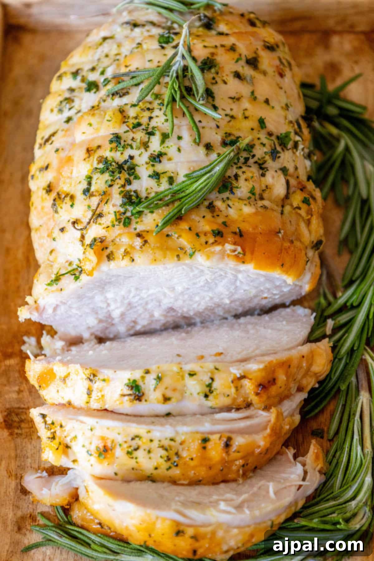 Perfectly Juicy Oven Roasted Turkey Breast 2 The Best Easy Roasted Turkey Breast Recipe, featuring a sliced roast turkey with rosemary sprigs on a cutting board.