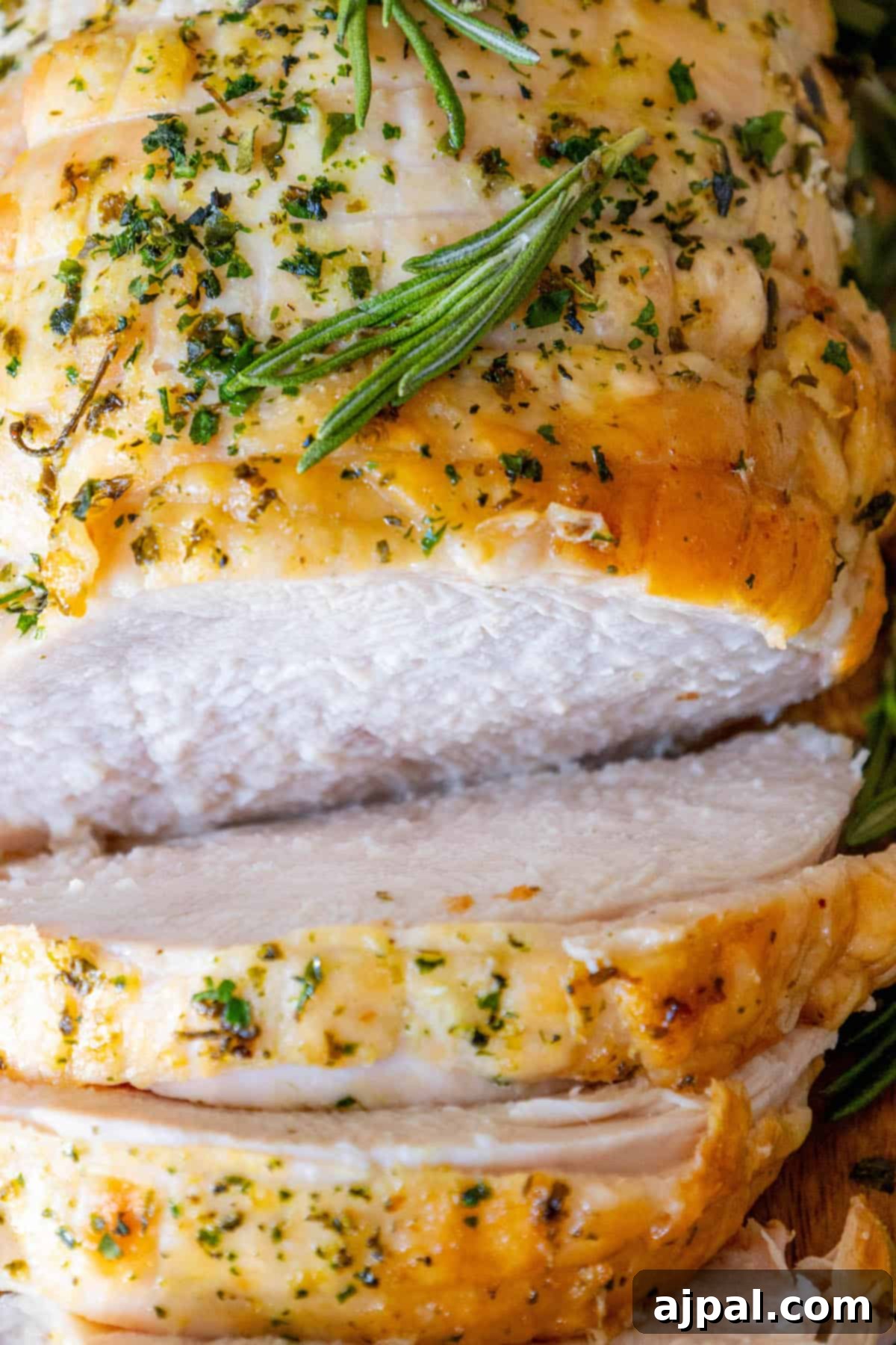 Perfectly Juicy Oven Roasted Turkey Breast 7 A close up of a roasted turkey breast with rosemary sprigs.