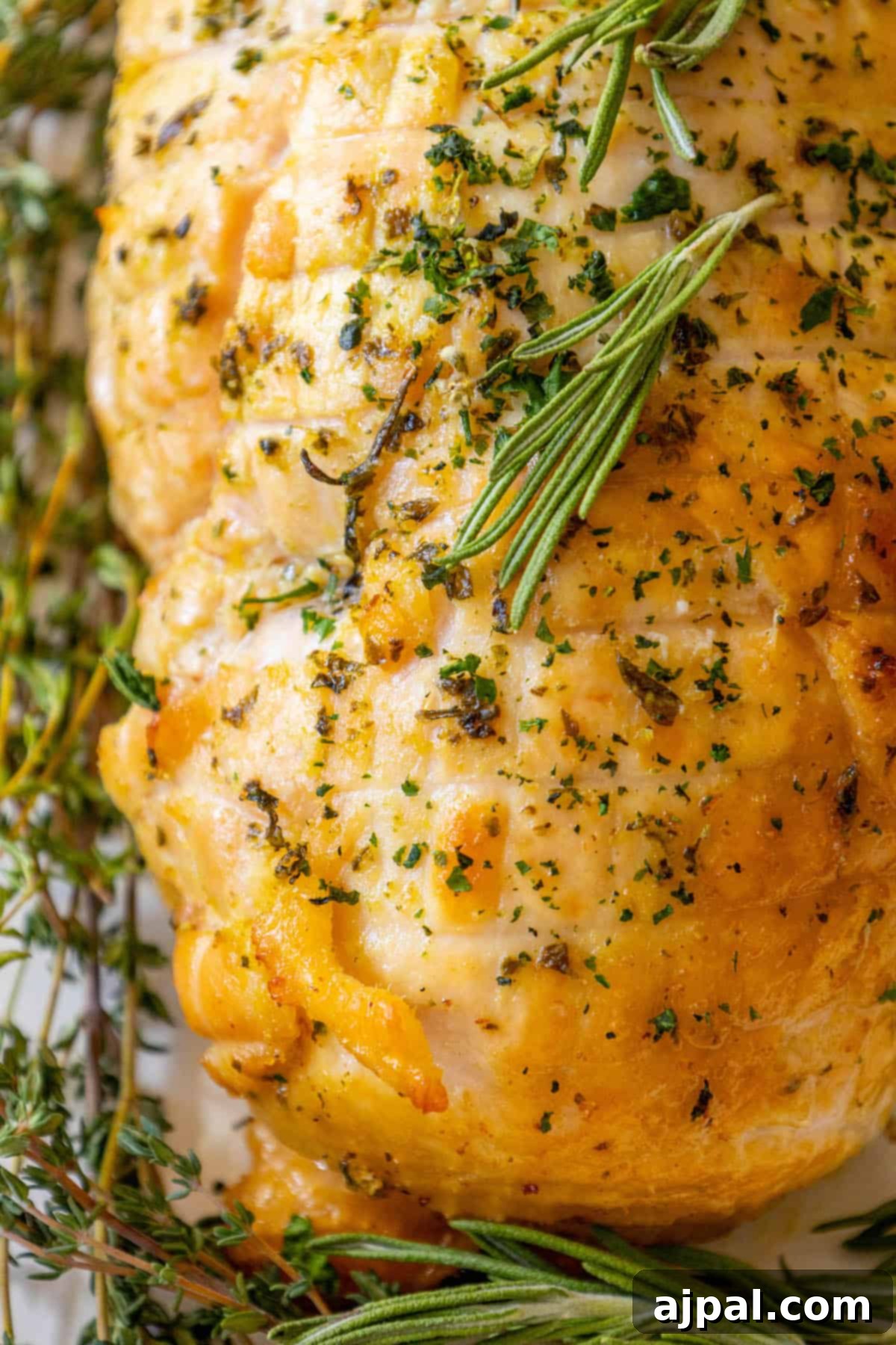Perfectly Juicy Oven Roasted Turkey Breast 5 A roasted chicken on a plate with rosemary sprigs and an oven-baked turkey breast.