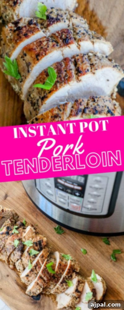 Ultimate Pressure Cooker Pork Tenderloin 10 A vertical image showcasing the cooked Instant Pot Pork Tenderloin, sliced and ready for serving.