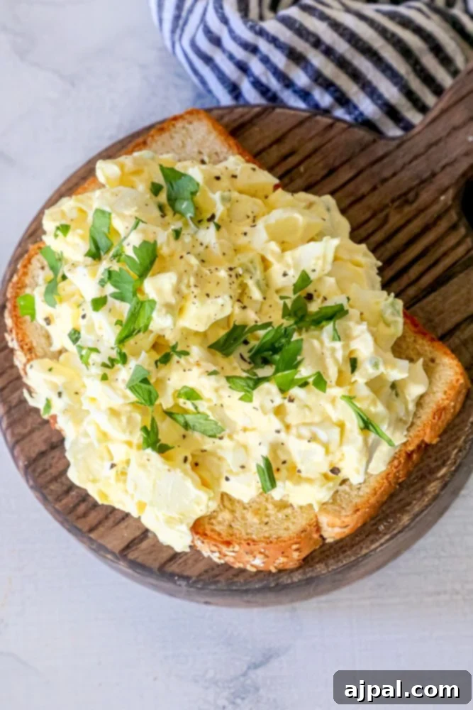 A delectable piece of toast generously topped with creamy classic egg salad and garnished with fresh parsley.
