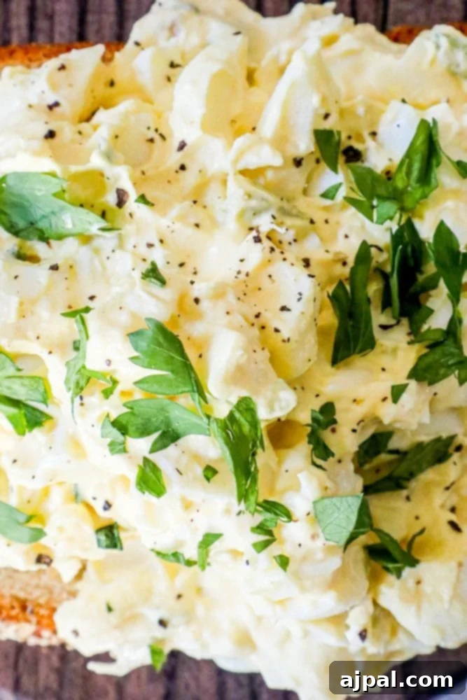 A delightful piece of toast with creamy egg salad and a sprinkle of parsley, emphasizing the perfect egg salad sandwich.