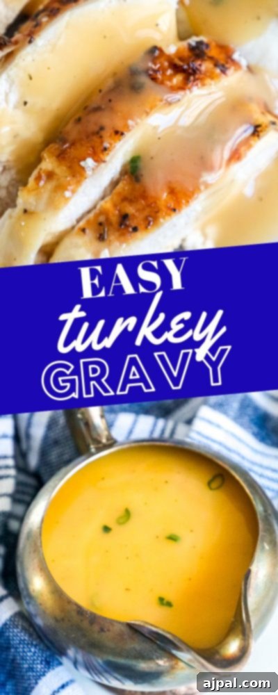 turkey covered in gravy and gravy in a gravy boat with Easy Turkey Gravy written across it.