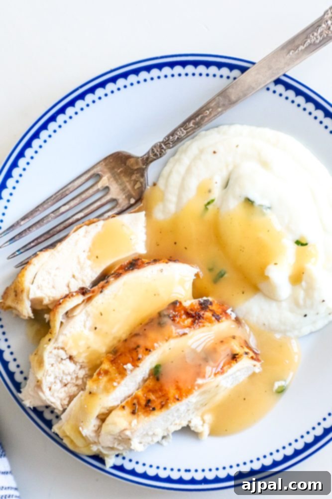 turkey on a white and blue plate covered in turkey gravy