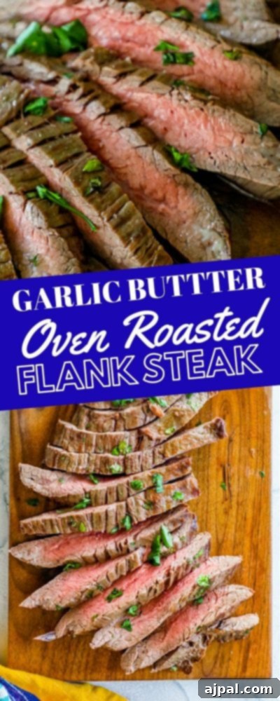 Perfectly Tender Oven Flank Steak 7 Garlic butter oven roasted flank steak on a cutting board, the best broiled flank steak recipe.