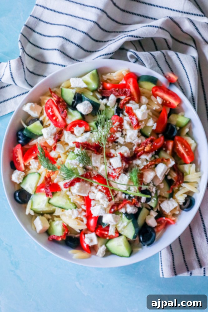 A bowl of refreshing Greek Orzo Pasta Salad with cherry tomatoes, olives, sun-dried tomatoes, feta cheese, cucumbers, and fresh dill on a blue background.