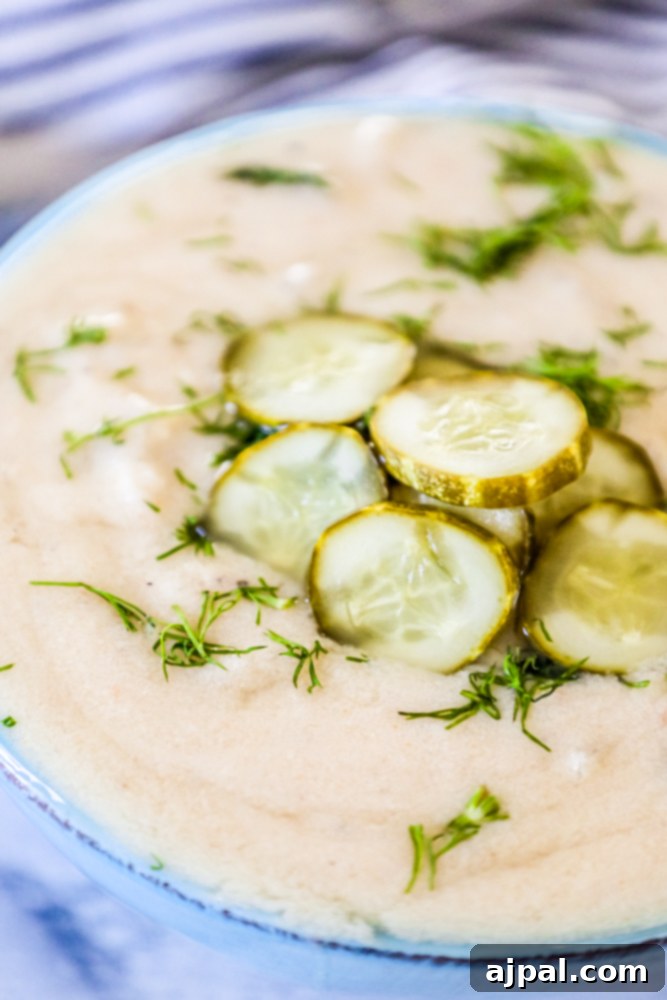 Simple Dill Pickle Soup 2 A beautiful bowl of creamy dill pickle soup, artfully garnished with fresh dill sprigs and delicate slices of dill pickle, set against a rustic background.