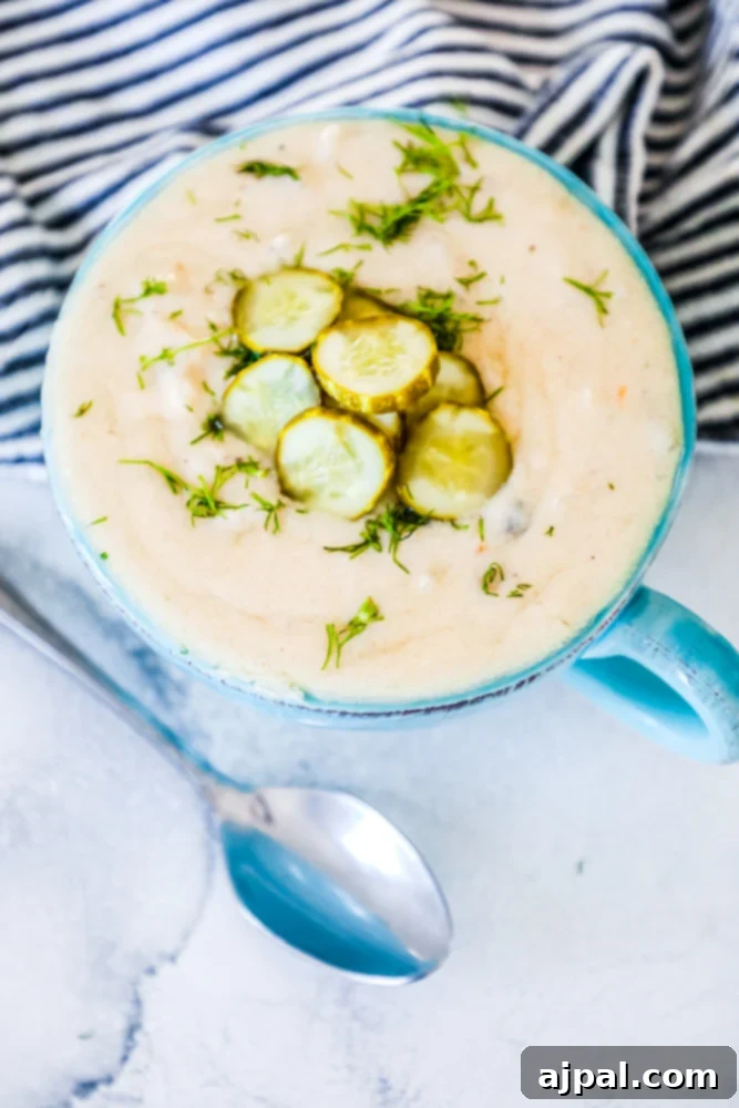 Zesty Keto Pickle Soup 2 pickle soup with dill and sliced pickles on it, spoon on the side.