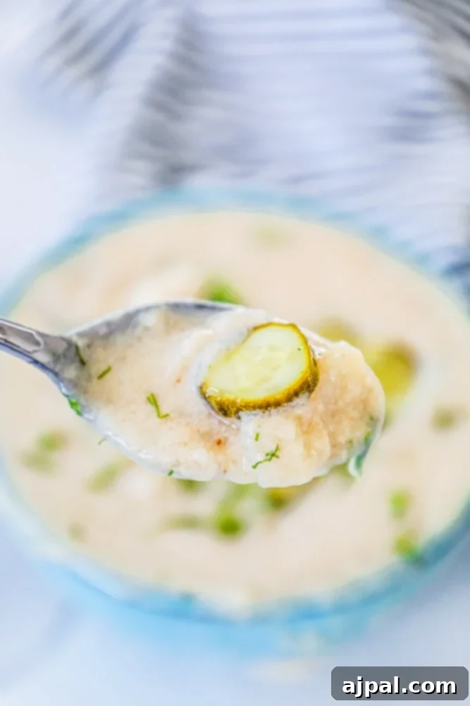 Zesty Keto Pickle Soup 5 dill pickle soup on a spoon up close with a pickle on it.