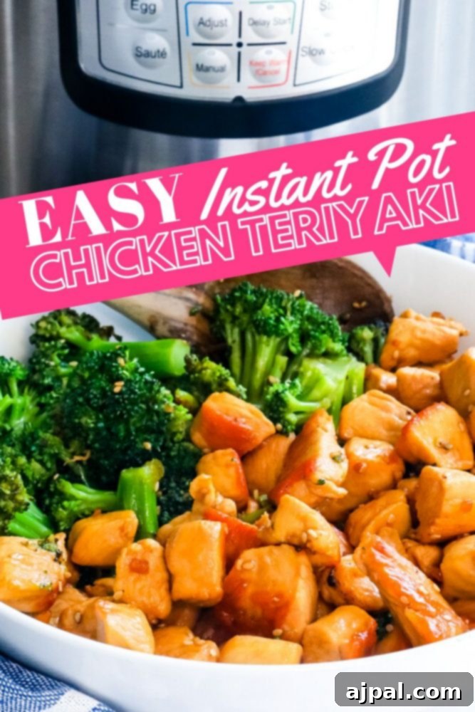 A serving of Easy Instant Pot Chicken Teriyaki with steamed broccoli, presented in a white bowl.