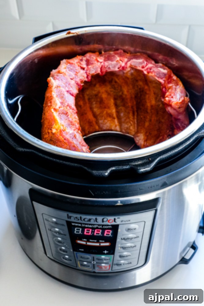 Melt-in-Your-Mouth Instant Pot Keto Ribs 3 A rack of seasoned ribs nestled inside an Instant Pot, ready for pressure cooking.