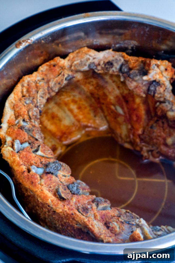 Melt-in-Your-Mouth Instant Pot Keto Ribs 8 A close-up of perfectly cooked, juicy ribs showcasing the tender meat and a delicious caramelized bark.