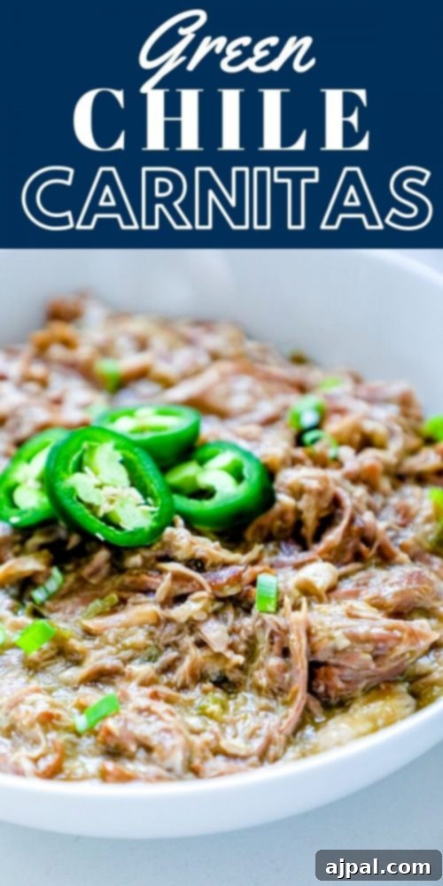Zesty Green Chile Pork Carnitas 11 A tempting bowl of green chile carnitas, generously topped with sliced jalapeños, showcasing a perfect balance of tenderness and spice.