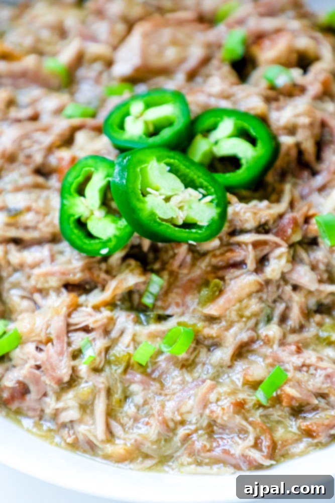 Zesty Green Chile Pork Carnitas 5 A hearty bowl of green chile pulled pork, topped with vibrant jalapeños, ready to be enjoyed.