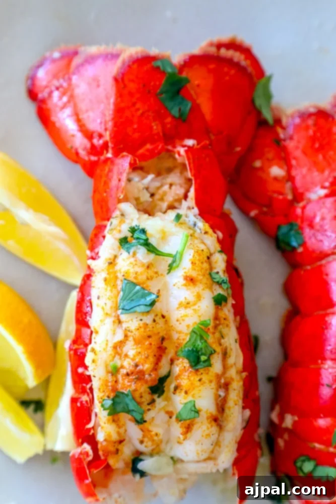 Exquisitely prepared Instant Pot lobster tails, seasoned with paprika and butter, garnished with fresh parsley and lemon wedges on a pristine white plate.