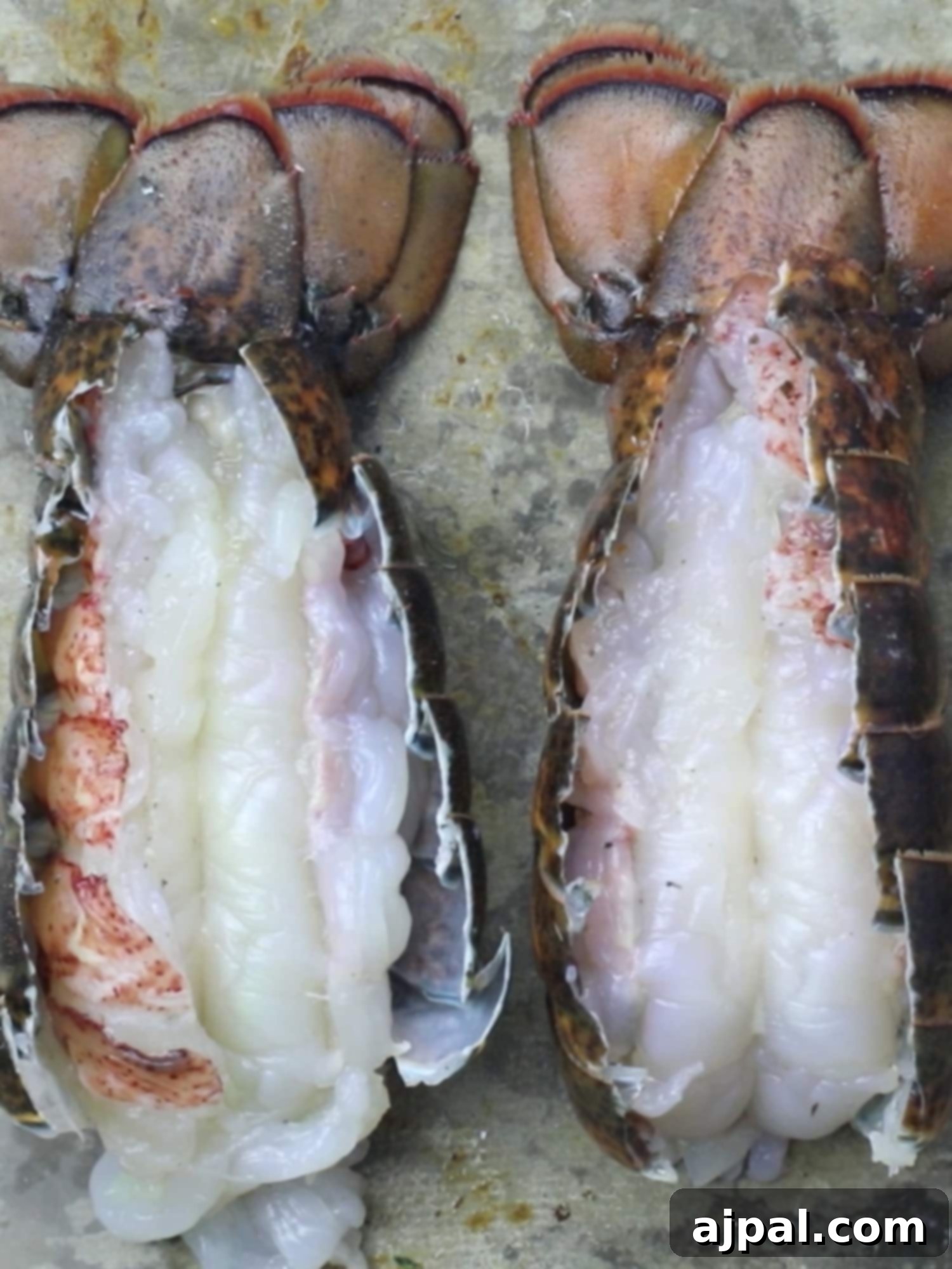 A lobster tail butterflied on a baking sheet, ready for preparation.