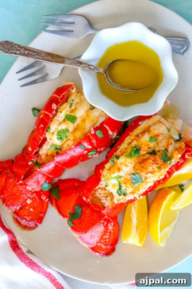 A white plate showcasing a perfectly cooked Instant Pot lobster tail, ready to be served.