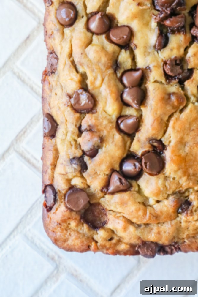 Close-up of a perfectly baked, moist chocolate chip banana bread slice with visible melted chocolate