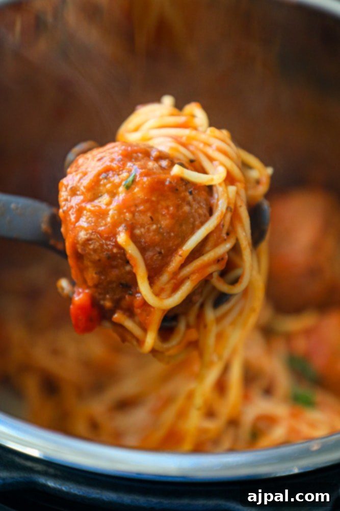 Picture of instant pot spaghetti with frozen meatballs, ready for a quick dinner